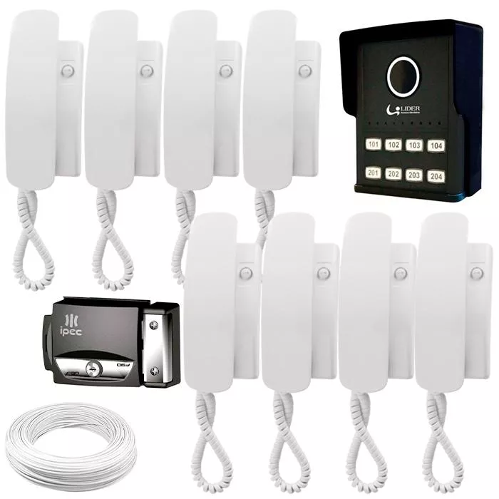 Kit Porteiro Eletrônico Interfone Coletivo Lider 8 Pontos Completo Com Fechadura